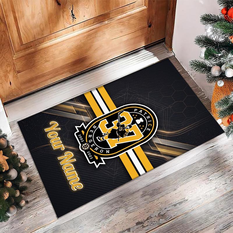 Boston Bruins Crystal Velvet Rug, Custom Name Text Personalized Non‑Slip Floor Mat for Home Decor Gift