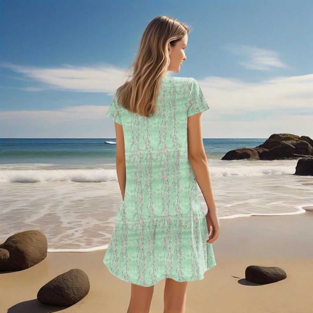 Women's Dresses Short Sleeve V-Neck Floral Printed Loose Casual Temperament Beach Dresses