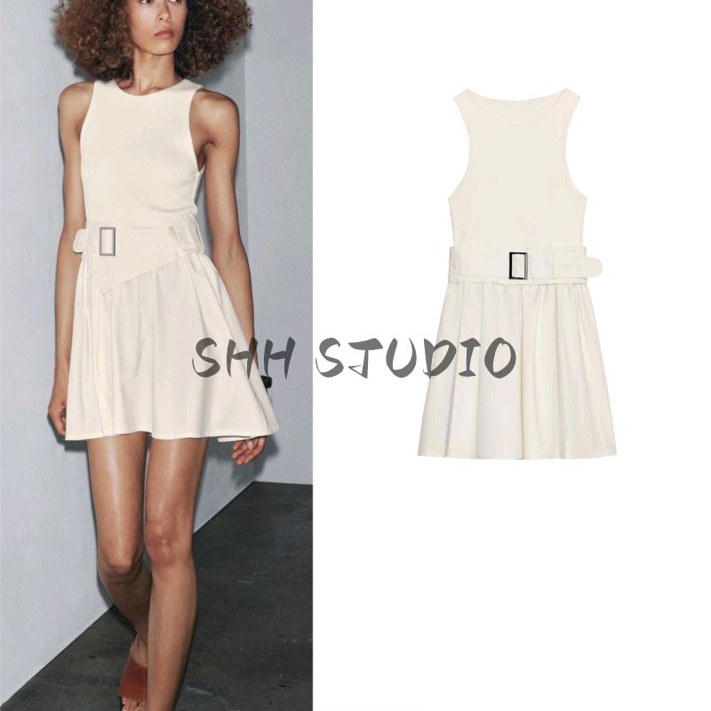 Summer New Product Women's Clothes Minimalist Round Neck Sleeveless with Belt Twill Patchwork Short Dress 0264452