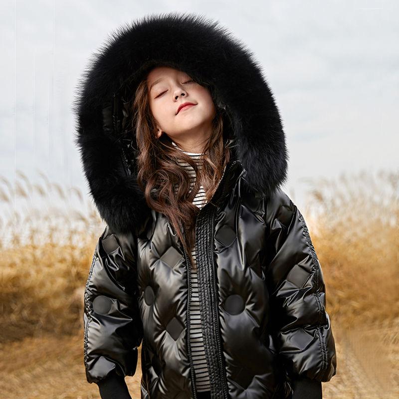 Зимняя мода No-Clean Белый утиный пух Детское длинное пальто Теплый меховой воротник для девочек Зимние куртки Детская верхняя одежда