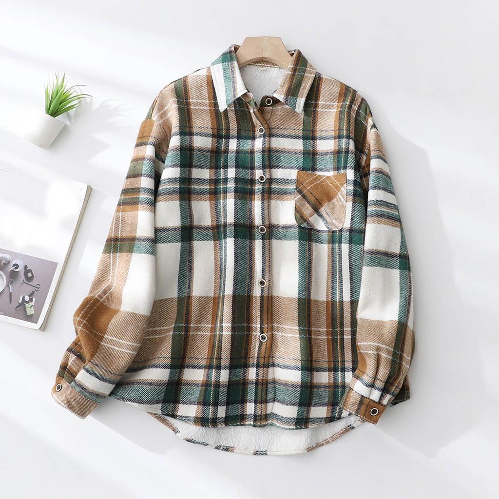 Женская повседневная теплая рубашка с длинными рукавами и подкладкой в клетку, верхняя куртка
