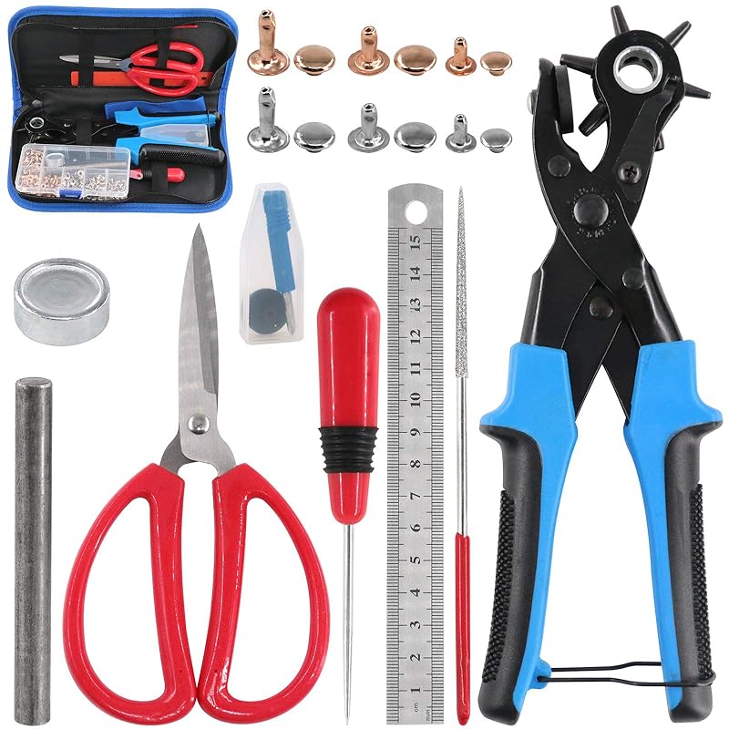 Glarks Heavy Duty Adjustable Metal Hole Punch Pliers Revolving Leather Belt Hole Punch with Eyelet Pliers Tool Kit for Belt, Watch Bands, Saddle,
