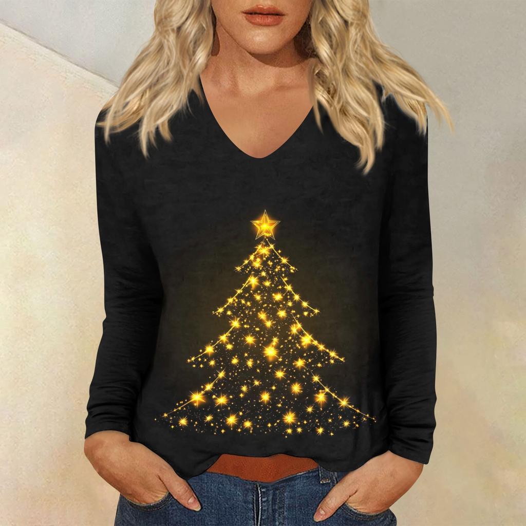 Women's Daily Casual Long Sleeve Christmas  Print V-neck Top