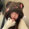 Cute Bow Bear Cat Plush Hat Female Autumn and Winter Show Small Face Warm Ear Protection Big Head Circumference Hat