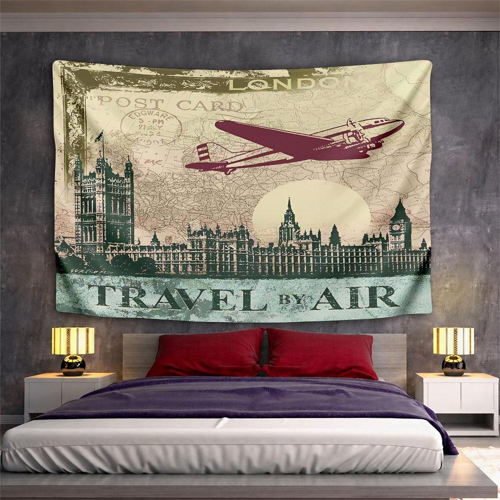 London Travel by Air Vintage Tapestry Wall Hanging Biplane Big Ben Postcard Decor for Living Room Study Man Cave Gift