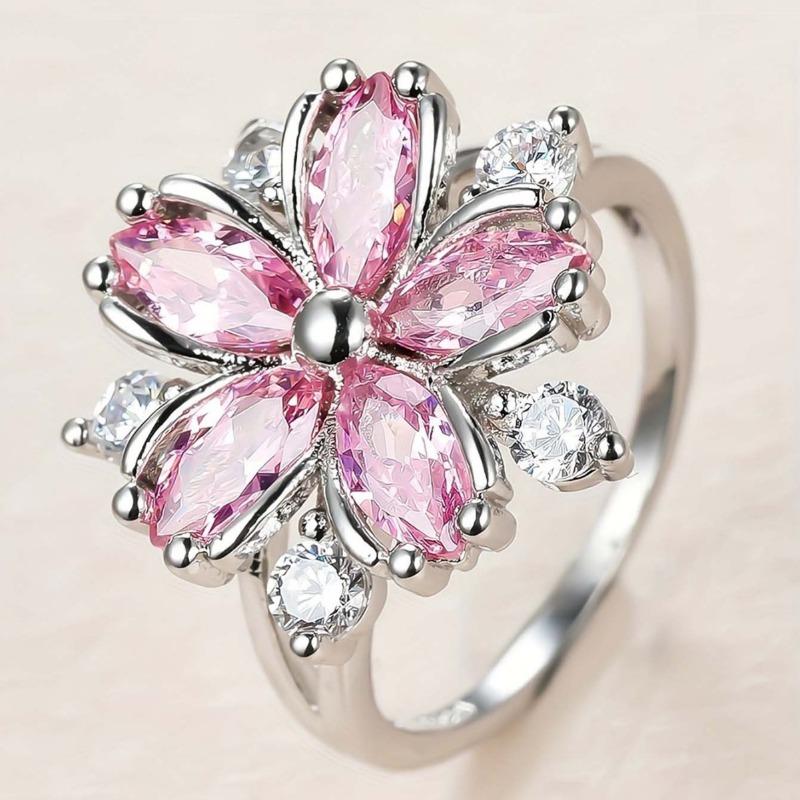 Женское кольцо с розовым цирконием и цветком вишни, серебряное кольцо