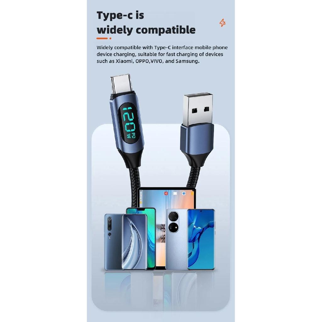 120 Вт USB A на Type C Светодиодный Цифровой Дисплей Быстрая Зарядка Кабель для Данных Нейлоновая Оплетка USB Шнур для Зарядки Type C на Type C PD 6A USB Кабель