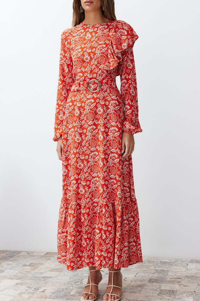 Women's Hijab Dress New Season Fashion Stone Floral Lined Ruffle Detailed Belted Woven Dress