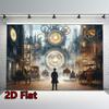 2D плоскость, 1 2D плоскость фоновый баннер - Дизайн Стимпанк, с шестеренками, часами и индустриальным городским пейзажемDJH