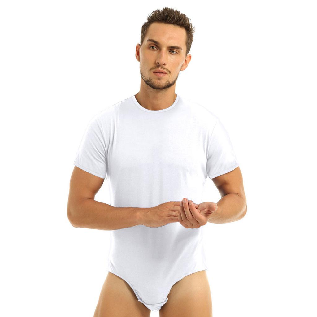 Mens One Piece Underwear Short Sleeve Press Crotch T-shirt Bodysuit Romper Pajamas Adult Playsuit