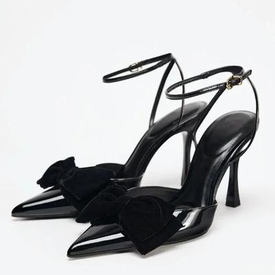Модные Элегантные Дизайнерские Черные Туфли на Высоком Каблуке Женские Сексуальные с Острым Носком из Патентной Кожи с Ремешком на Щиколотке Сандалии на Тонком Каблуке Вечерние Туфли для Платья