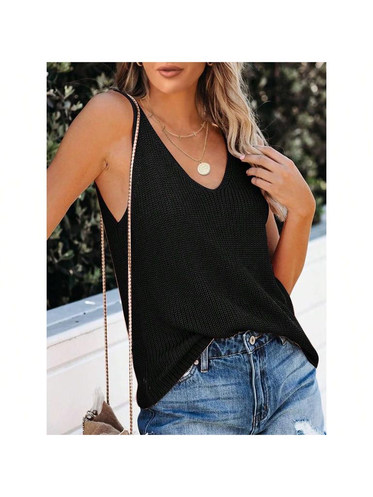 Women's Sleeveless V Neck Sweater Vest Loose Knit Cami Tank Top for Spring Summer