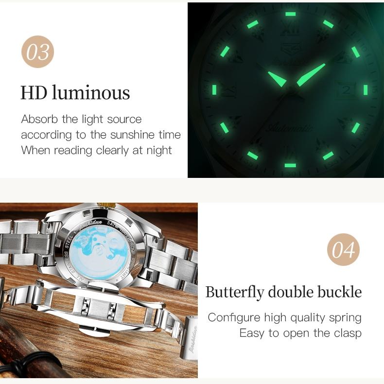JINSHIDUN Brand Watch Heart Steel Automatic Mechanical Single Calendar Luminous Waterproof Women's Watch Women's Watch
