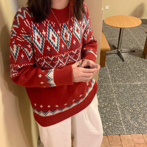 Красный рождественский свитер в корейском стиле для женщин - Свободный, ретро пуловер с круглым вырезом, вязаный для осени и зимы