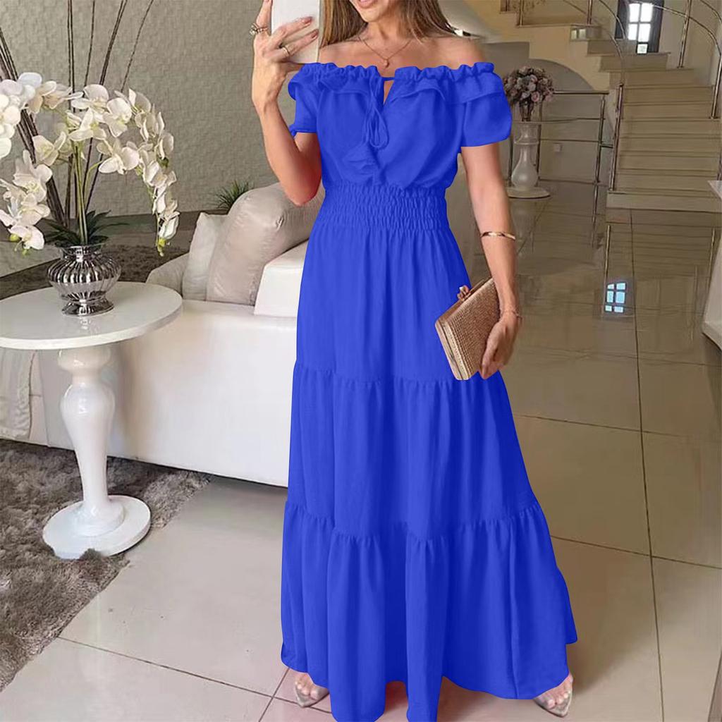 Women's Summer Casual Solid-color Tie Dress With Fringes, Strapless Cuffs And Puffed Sleeves