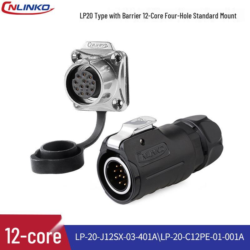 Black LP20 Solar Waterproof 14-Pin Aviation Plug Connector with Partitioned Four-Hole Flange