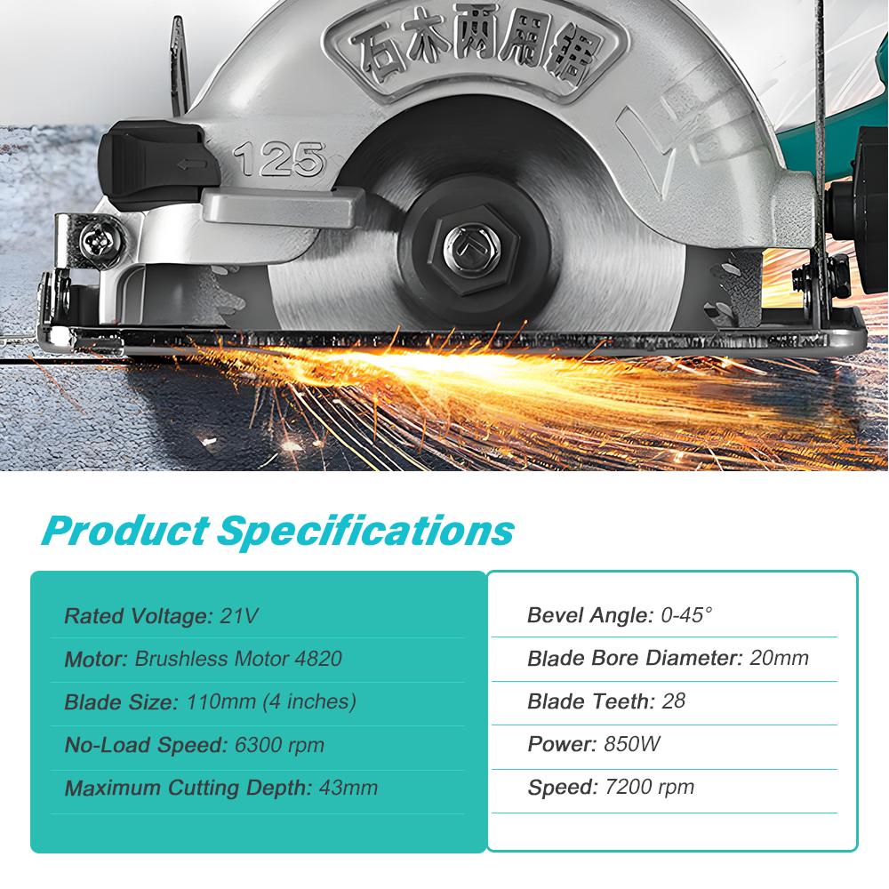 4-дюймовая аккумуляторная бесщеточная циркулярная пила, литий-ионный ручной режущий инструмент, 0-45°, 6300 об/мин, мини-электрическая циркулярная пила для DAYI
