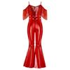 Girls Fashion Spaghetti Strap Sleeveless Sparkly Sequins Tassels Shiny High Waist Flared Jumpsuit Pageant Outfit