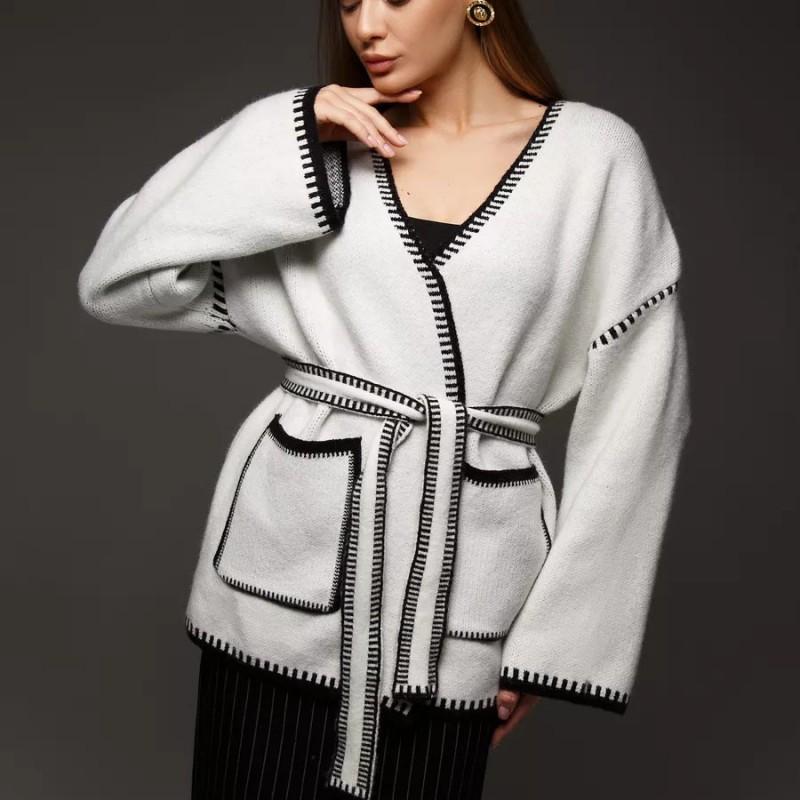 Knit Cardigan With Tie Front Loose Fit Colorblock Mid-Length Sweater Women 2025