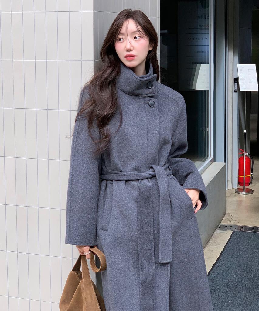 MIND BRIDGE WOMEN [W] Handmade Cashmere High-Neck Belted Long Coat - 2 Colors