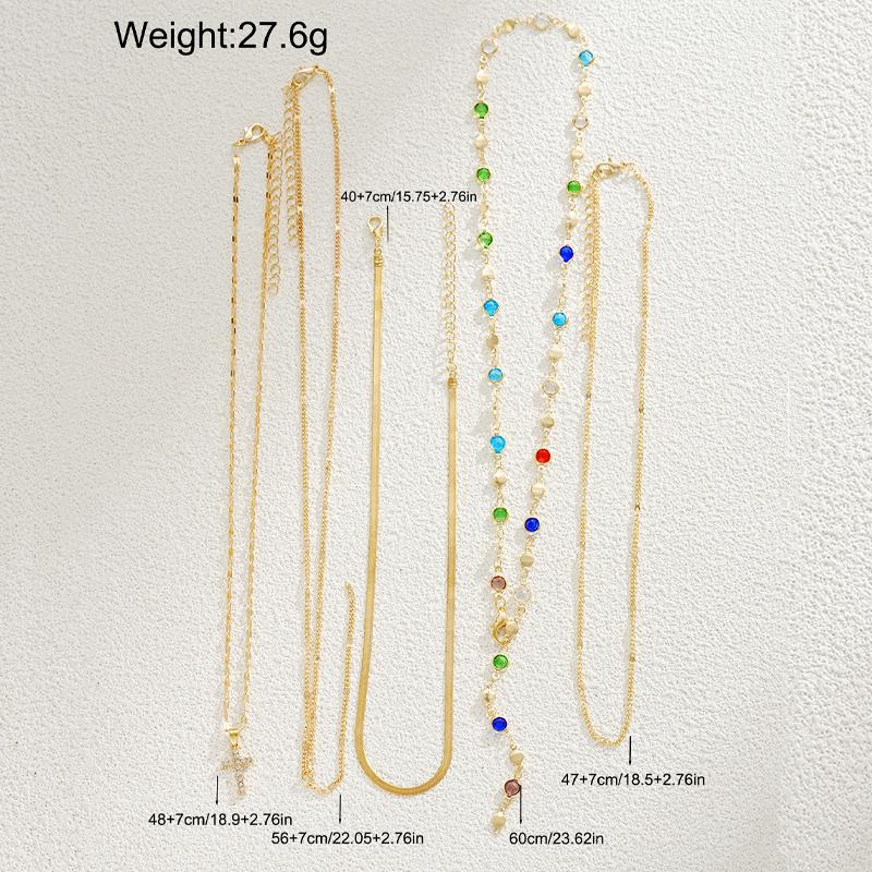 5pcs Vintage Metal Cross Pendant Y-Necklace Set for Women Boho Colorful Crystal Pendant Necklaces Daily Vacation Dating Jewelry