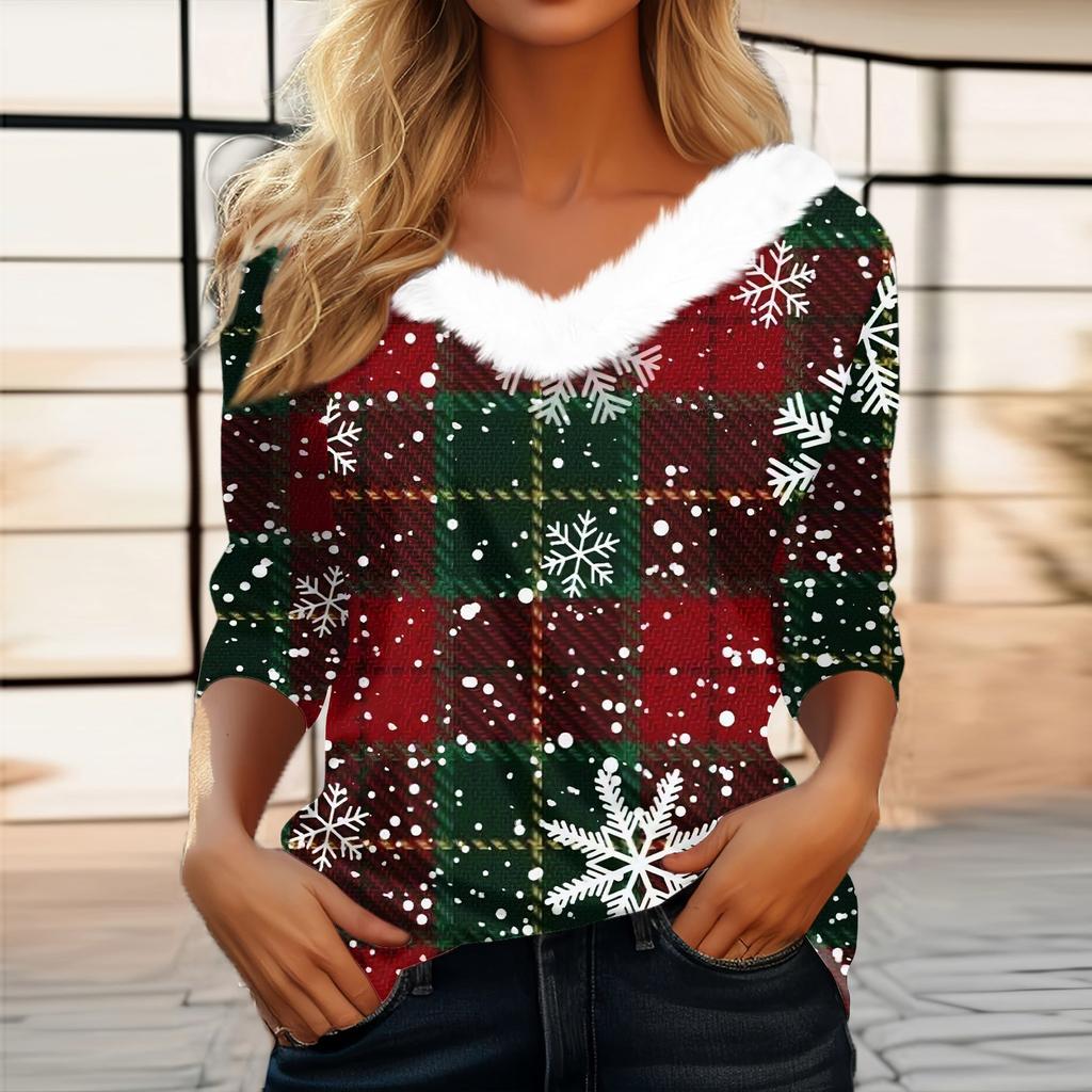 Женская мода с длинным рукавом и рождественским принтом, праздничный воротник, V-образный вырез