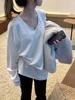 Women's White V-Neck Long Sleeve Loose Fit Mid-Length Shirt - Autumn Winter Layering Top