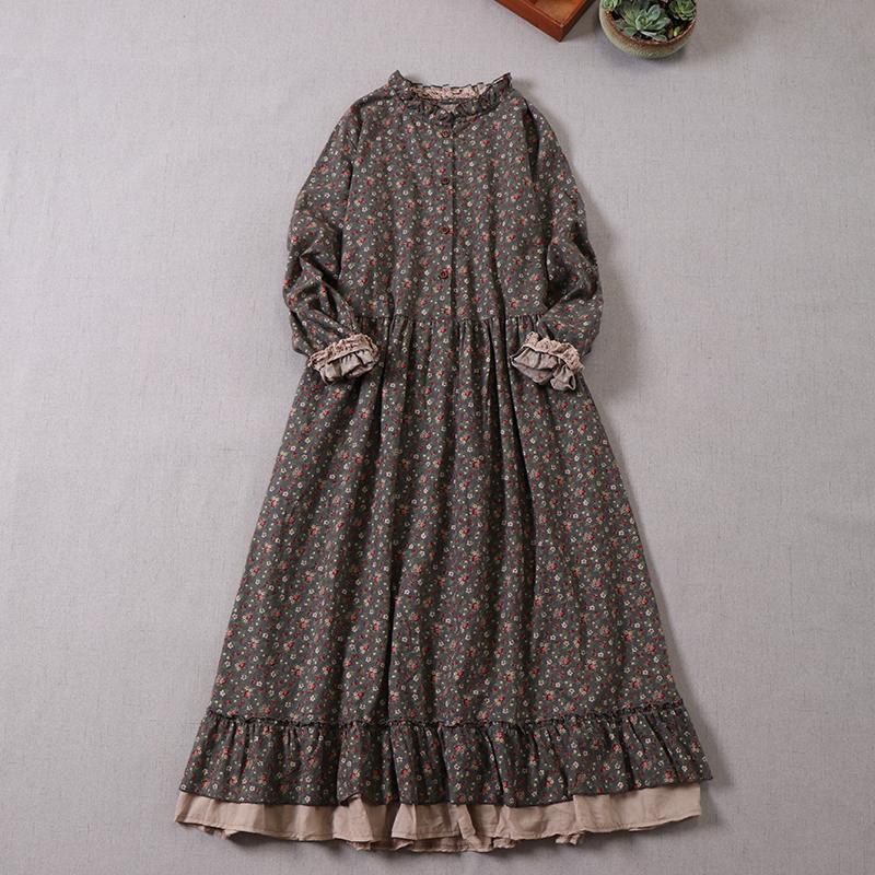 Mori Girl Autumn Spring Women Loose Long Dress Ruffled Collar Floral Cottagecore Dress Vintage Cotton Ruffles Elegant Chic Dress