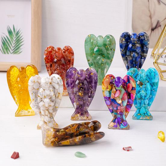 Natural Stone Angel Figurine Positive Healing Energy Hand-carved Colorful Faux Crystal Winged