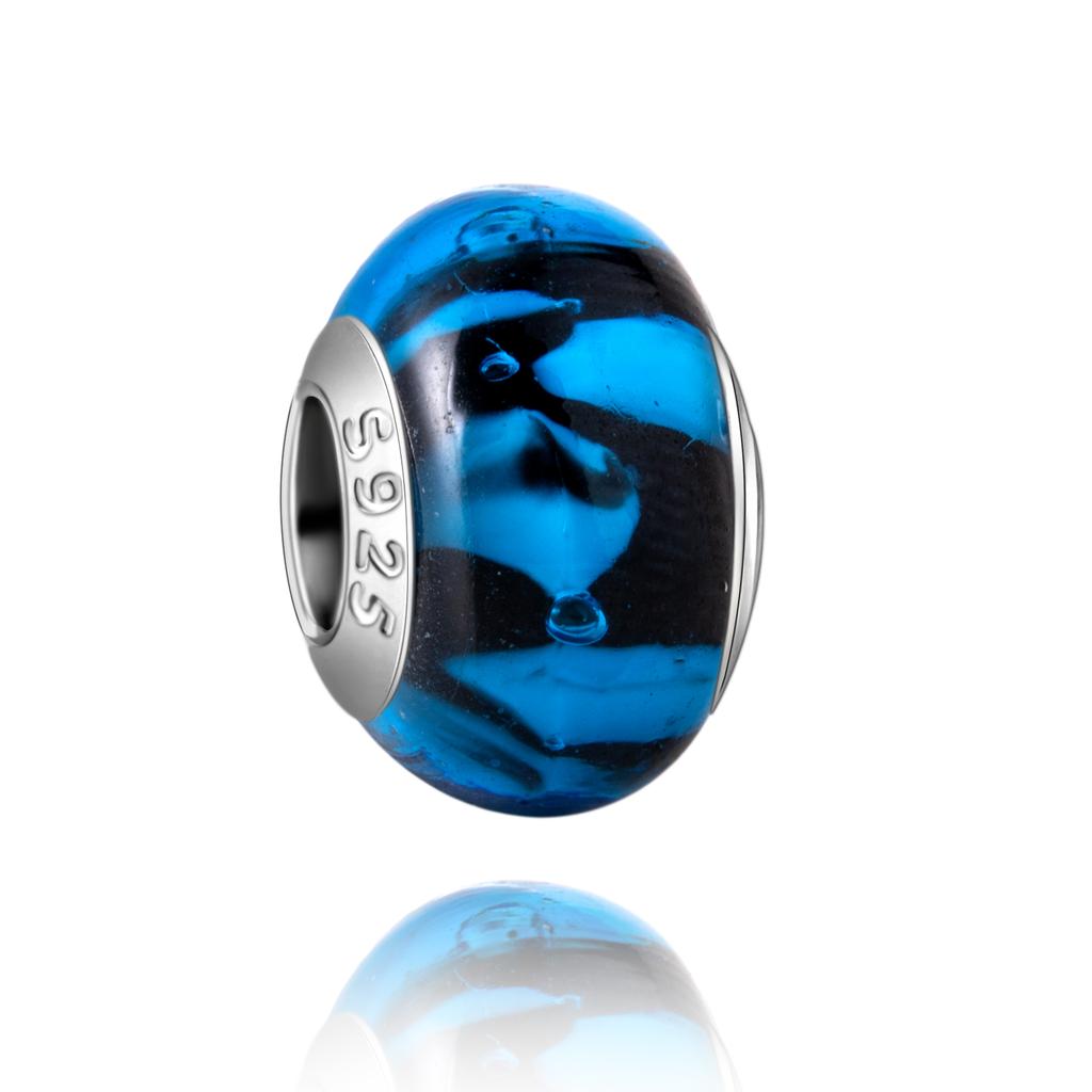 Муранское стекло Серия стерлинговое серебро 925 пробы Медный павлин синий и лепесток цветка Вращается Шарм Подходит для браслета Женские изящные циркониевые аксессуары