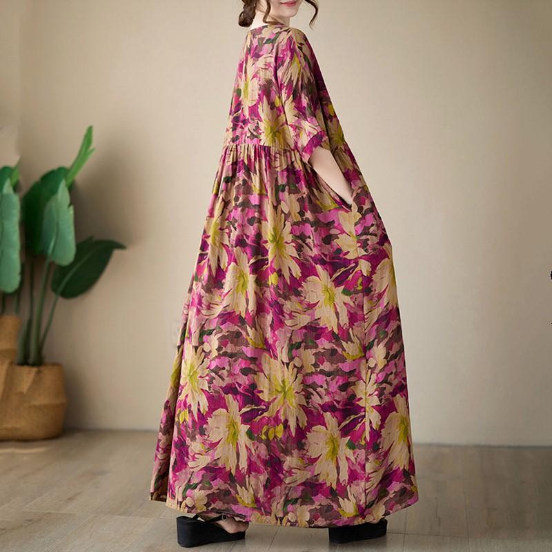 Short Sleeve Plus Size Cotton Vintage Floral New In Dresses for Women Casual Loose Long Summer Dress