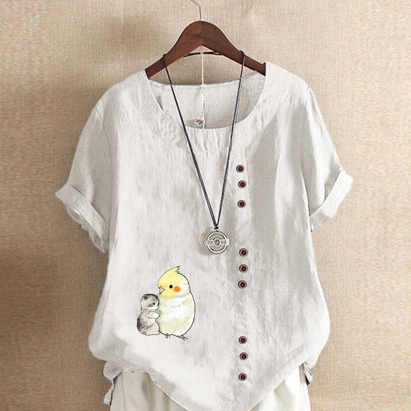 Женская модная футболка с круглым вырезом и короткими рукавами с принтом кота и попугая, повседневная хлопково-льняная рубашка с рисунком, свободная летняя блузка для отдыха, топы больших размеров