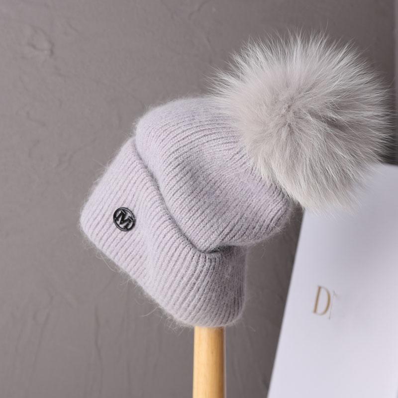 2023 Luxury Real Fox Fur Pom Pom Beanies Hat for Women Pompom Knitted Winter Hat Fashion Ear Protection Wool Hat