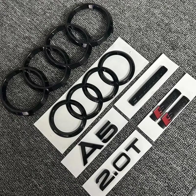 7pcs For audi A5 2010-2019 273mm 192mm Quarrto 2.0T Sline Emblem 4Ring logo ABS Black Front Grill Rear Trunk Emblem Sticker