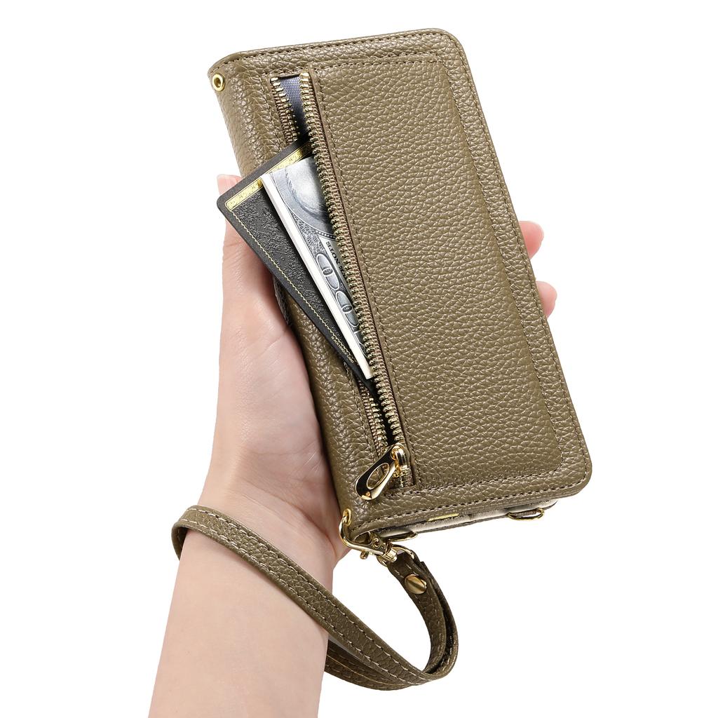 ESEBLE E11 For iPhone 15 Pro Max Case Zipper Pocket Litchi Texture Leather Phone Cover with Mirror and Wrist Strap