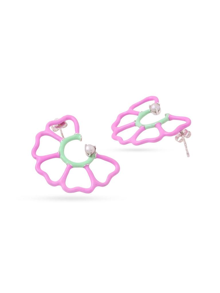 Kicky and Perky 925 Sterling Silver Pink and Green Enamel and Studded with Pearl Floral Stud Earring for Women