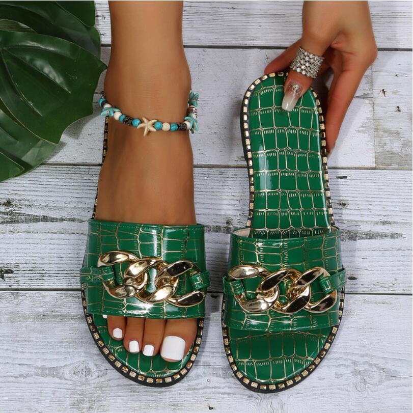 Модные сексуальные цепочные замки, однотонные, большого размера, 2024, летние, новые, стильные, римские, плоские, женские тапочки, женские сандалии