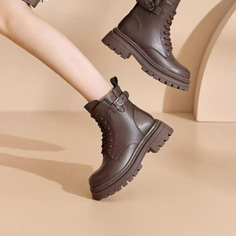 Fashion Block Heel Side Zipper Short Thigh Boots Autumn New Round Toe Lace-Up Front Platform Anti-Slip Wear-Resistant Mid-Heel Boots