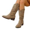 Autumn Foreign Trade New Large Size Thick Heel Medium Tube Stacking Boots Women's Cross-border Medium Heel Foot Cuff Square Head Suede Knight Boots