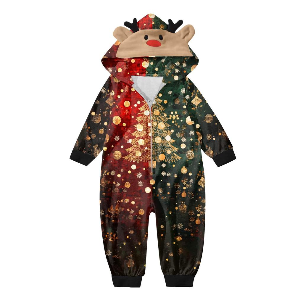 Christmas Print Family Matching Hooded Long Sleeved Zippered Jumpsuit Set