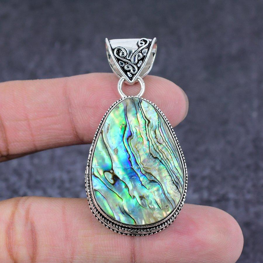 Натуральный камень из раковины абалона Ручной работы Подвеска из стерлингового серебра 925 пробы 2,05" Y5V52