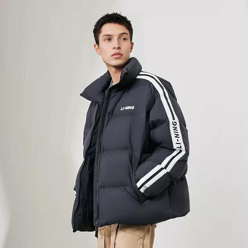Li Ning Повседневный спортивный пуховик с воротником-стойкой и принтом в виде букв в полоску с длинными рукавами, унисекс, верхняя одежда, черный цвет YYMU161-1