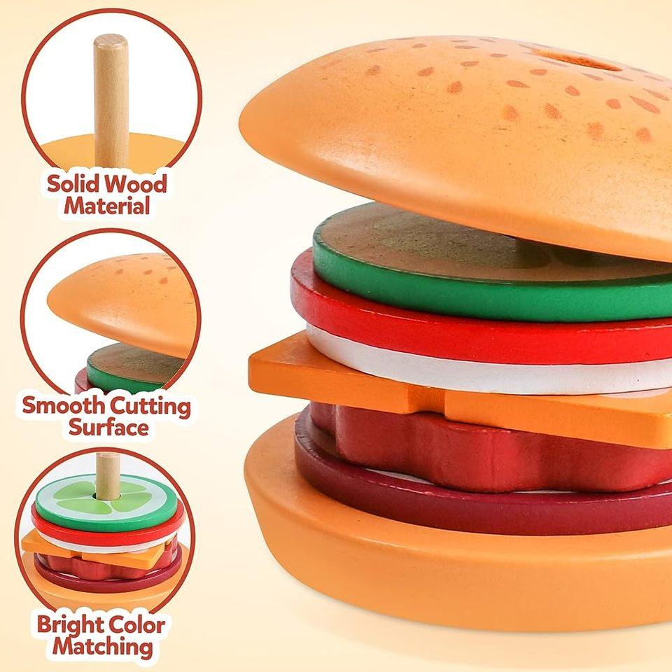 Montessori Wooden Hamburger Sandwich Stacking Toy for Toddler Preschool Educational Fine Motor Skill Kitchen Pretend Play Food