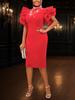 Red Ruffles Sleeve Party Dresses for Women Half High Neck Beaded Cut Out Evening Cocktail Dress