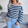 GMXIA Women's Fashion Casual Stripe Print Autumn Winter Long Sleeve One Shoulder Loose Off-the-shoulder Knit Sweater