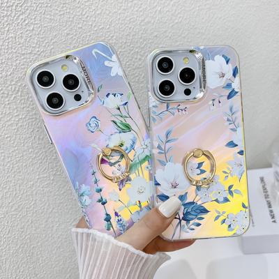 Чехол для мобильного телефона IPhone16ProMax для Apple 15 Держатель-кольцо Гальванизированный Лазерный Противоударный 14 Цветочный Жесткий Чехол