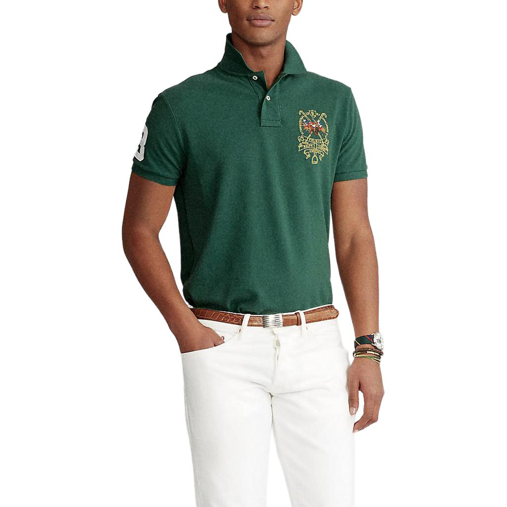 Polo Ralph Lauren Logo Вышитый Повседневный Трикотажный Поло с Коротким Рукавом Мужские Поло Рубашки Темно-Зеленый 710807546-005