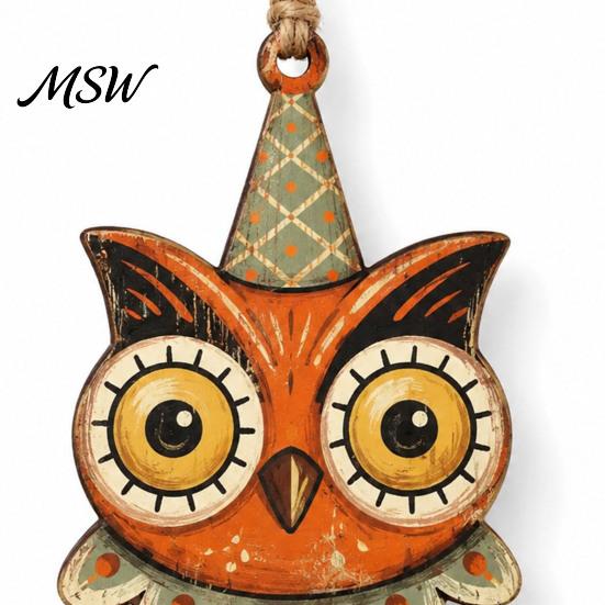 Vintage Cartoon Pumpkin Ghost Wood Decor 6Pcs Halloween Ornaments for Tree Decorations, Black Cat Cutout Courtyard Scene Owl Hanging Pendants,