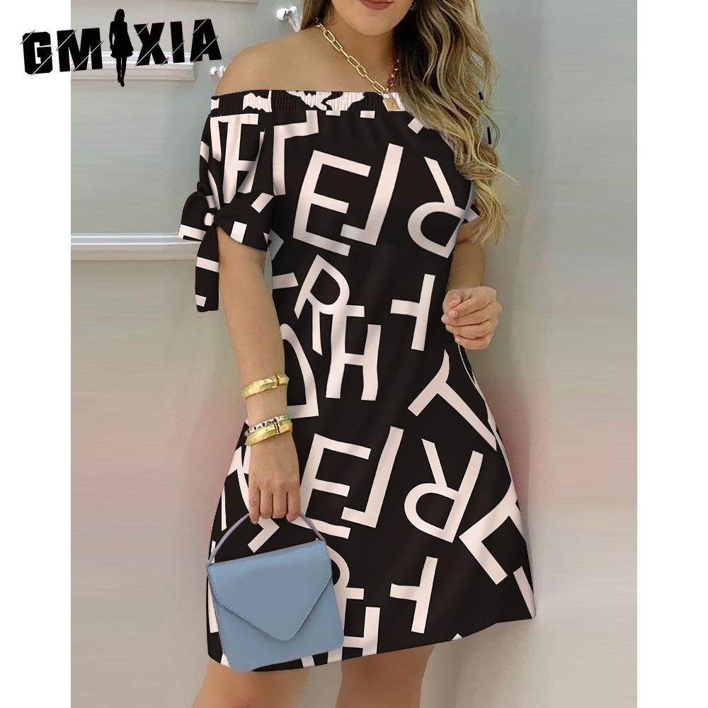 GMXIA Женское модное платье с открытыми плечами, короткие рукава, принт с бантом, летние пляжные платья больших размеров