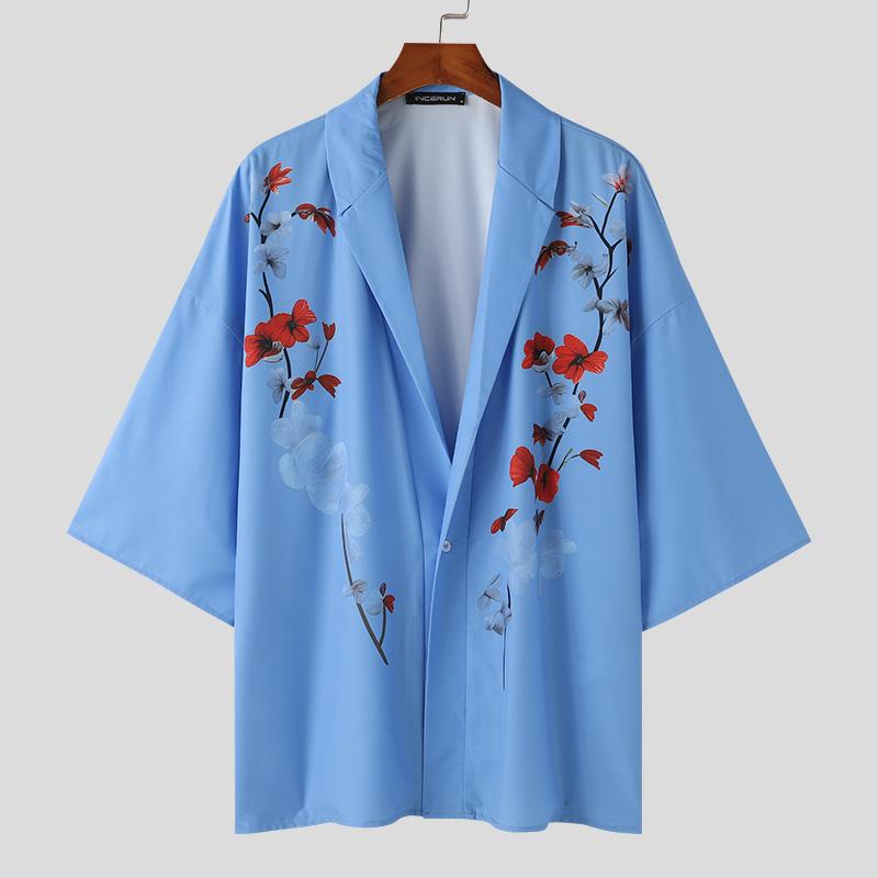 INCERUN Мужские кардиганы с воротником с лацканами и V-образным вырезом, рубашки, кимоно с цветочным принтом